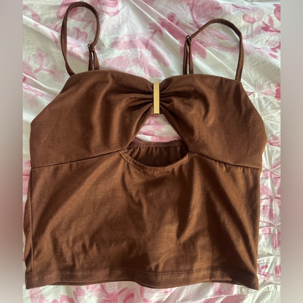 Brown Sleeveless Top with Gold Accent